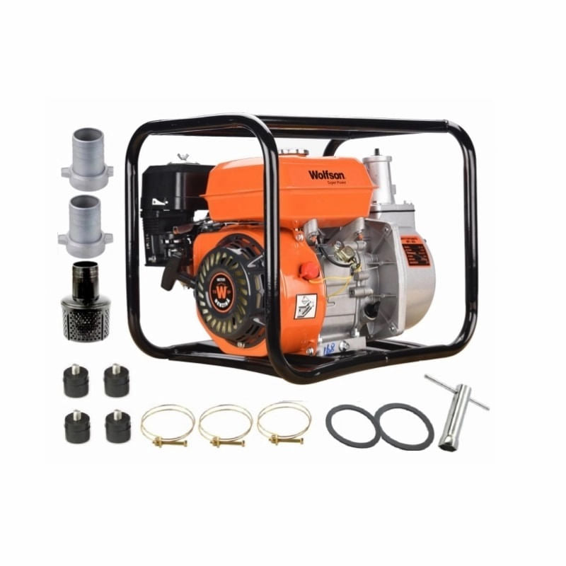 Motopompa apa WOLFSON® WT-20, 2 toli, 6.5CP, 27000 l/h + ulei 4T, 0.6L + furtun pompieri 2 toli x 20m cu racorduri
