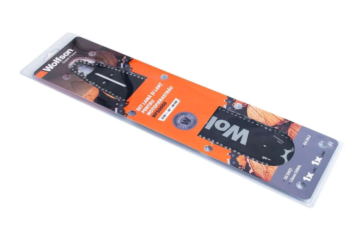 Set Lama si lant Wolfson pentru motofierastrau, 3/25, 38cm, 15", 32 dinti taietori, 64 zale, canal 1.5mm