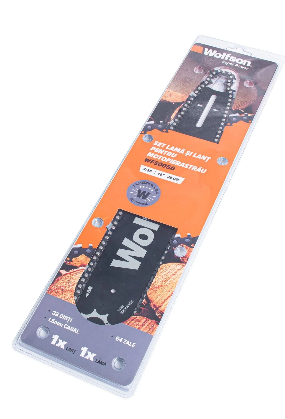 Set Lama si lant Wolfson pentru motofierastrau, 3/25, 38cm, 15", 32 dinti taietori, 64 zale, canal 1.5mm