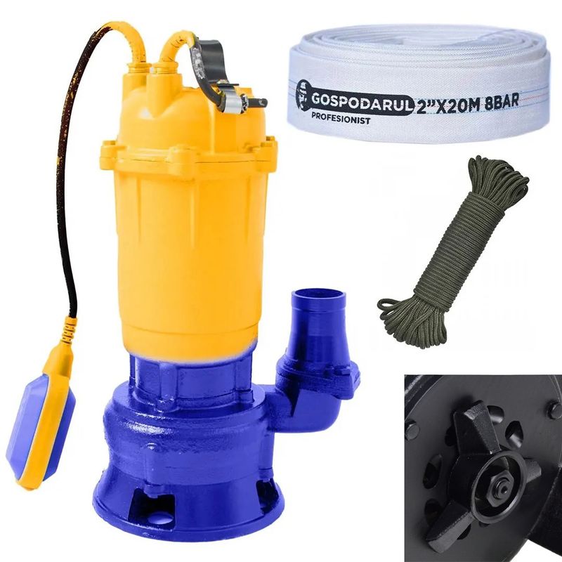 Pompa submersibila de apa murdara cu tocator Kamrad WQCD-K3300, 1300W, 25000 l/h, adancime 8m + furtun 20m, cordelina 6mmx20m