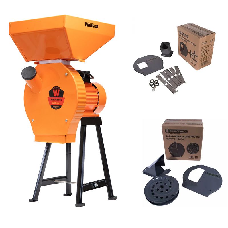 Moara pentru cereale Wolfson cu suport metalic - 2in1, 2700W, 200kg/h + accesoriu furaje, fructe si legume