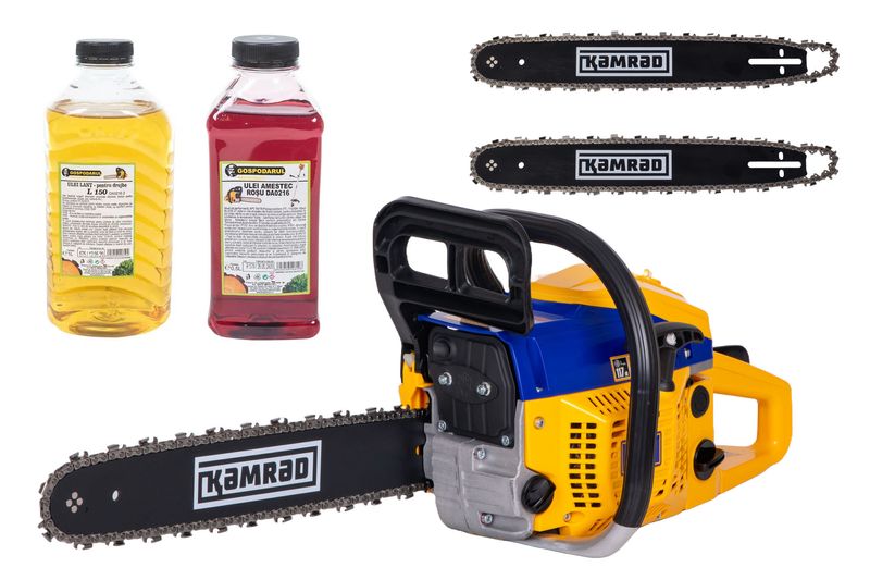 Drujba pe benzina Kamrad KR-52, 5.8CP, 52cc, 2 lame 2 lanturi + ulei amestec 0.5L si ulei ungere lant L150