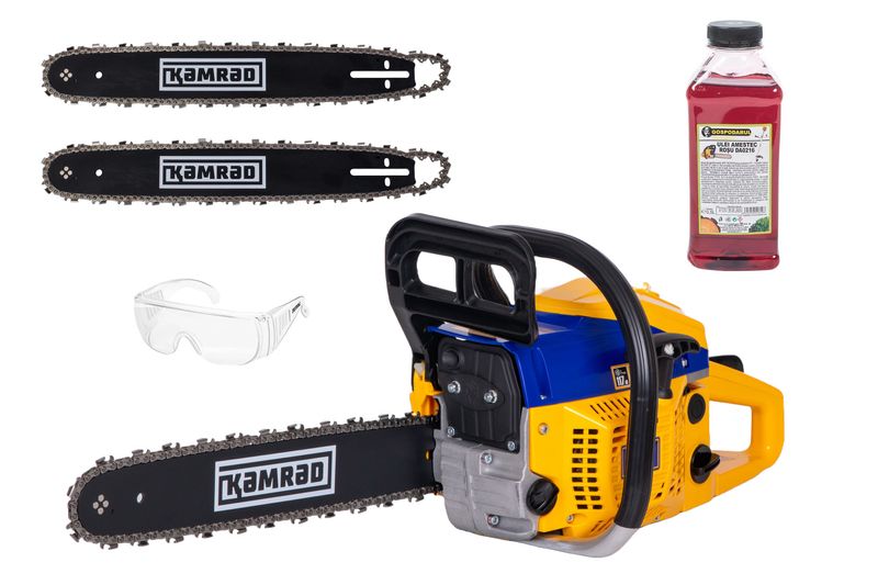 Drujba pe benzina Kamrad KR-52, 5.8CP, 52cc, 2 lame 2 lanturi + ulei amestec 0.5L si ochelari protectie
