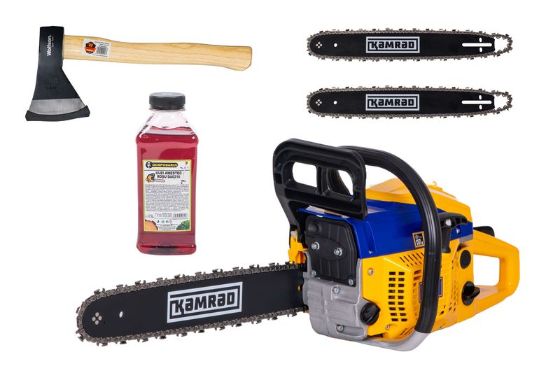 Drujba pe benzina Kamrad KR-52, 5.8CP, 52cc, 2 lame 2 lanturi + ulei amestec 0.5L si toporisca Wolfson 600g