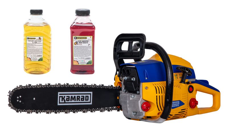 Drujba pe benzina Kamrad KR-52, 5.8 CP, 52CC, 33 dinti, pasul 0.325”, 1,5mm + ulei amestec 0.5L si ulei ungere lant L150