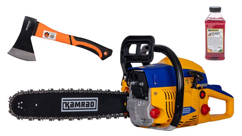 Drujba pe benzina Kamrad KR-52, 5.8 CP, 52CC, 33 dinti, pasul 0.325”, 1,5mm + ulei amestec 0.5L si toporisca Wolfson