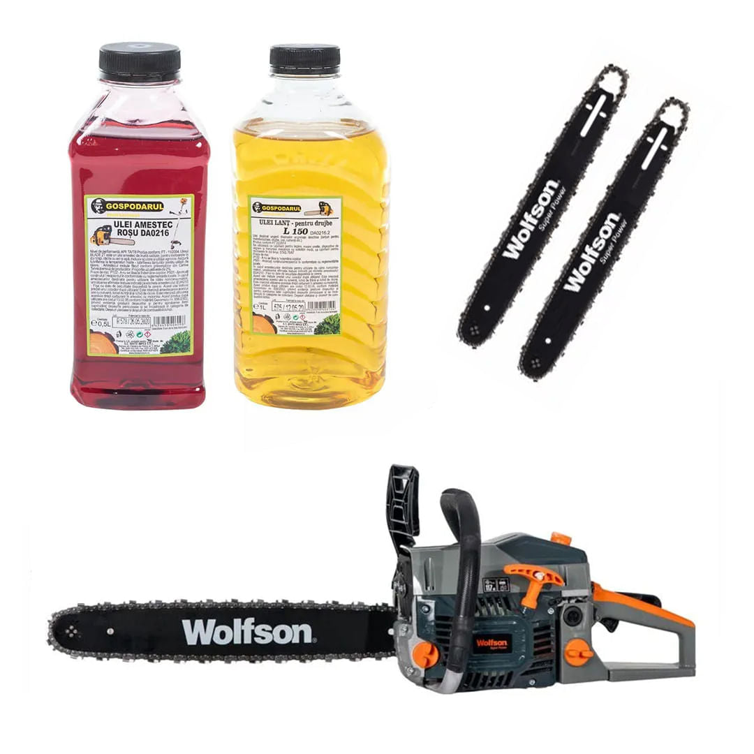 Drujba pe benzina WOLFSON®STX-620, 3.5CP, 58CC, 2 lame, 2 lanturi + ulei amestec 0.5L, ulei ungere lant L150