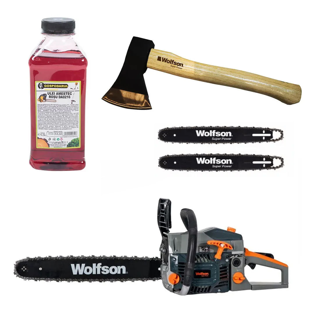 Drujba pe benzina WOLFSON STX-620, 3.5CP, 58CC, 2 lame, 2 lanturi + ulei amestec 0.5L, toporisca Wolfson 600g