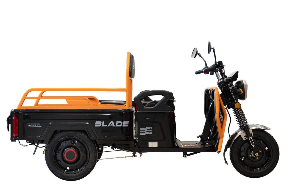 Triciclu Cargo electric BLADE Active R6 1300W, 25 km/h, autonomie pana la 50 km, baterie plumb-acid 72 V/20 Ah, capacitate maxima 500 kg, fara permis, culoare negru-portocaliu