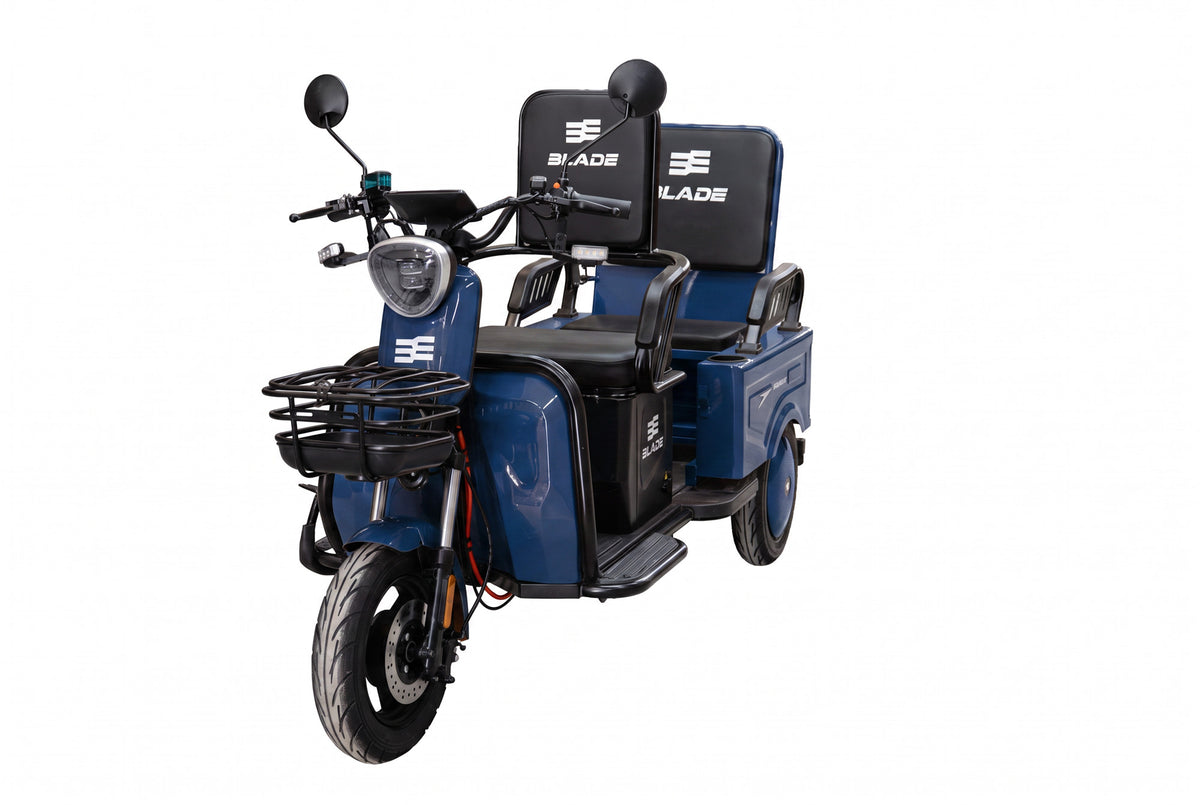 Triciclu electric BLADE DUO MAX 11, 1200W, 60V 20Ah, 25 km/h, fara permis, autonomie 50 km, 3+1 viteze, albastru-negru