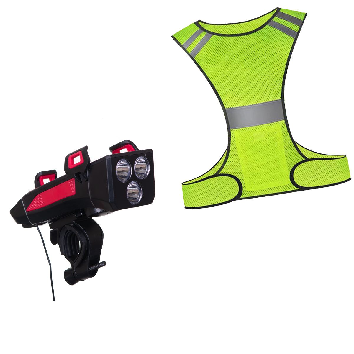 Far led bicicleta cu suport telefon si claxon (reincarcabil USB) + Ham reflectorizant