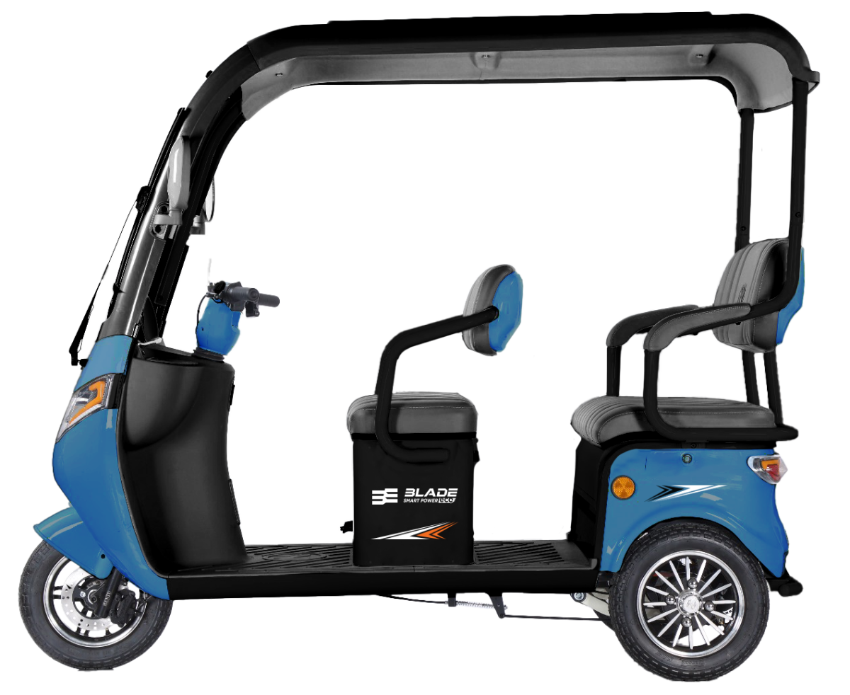 Triciclu electric pentru 2 persoane BLADE CAB X3, 1200W, 25 km/h, autonomie pana la 70 km, baterie 72V 20Ah, cu acoperis, Albastru/Negru