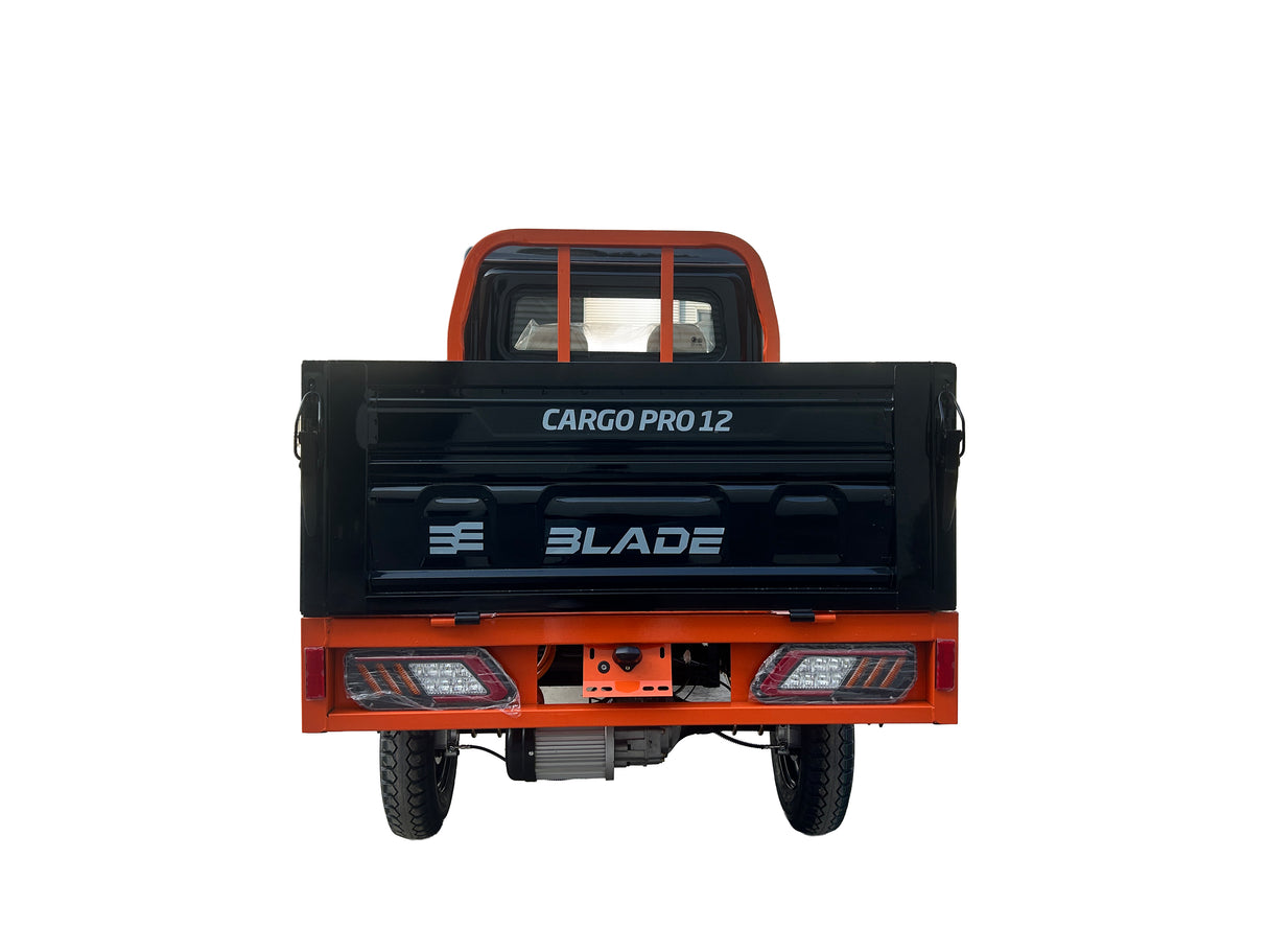Masina Pickup Cargo electric fara permis BLADE - CARGO PRO 12, 3000W, 25 km/h, 72V 100Ah, 800 kg sarcina, autonomie 100 km, negru-portocaliu