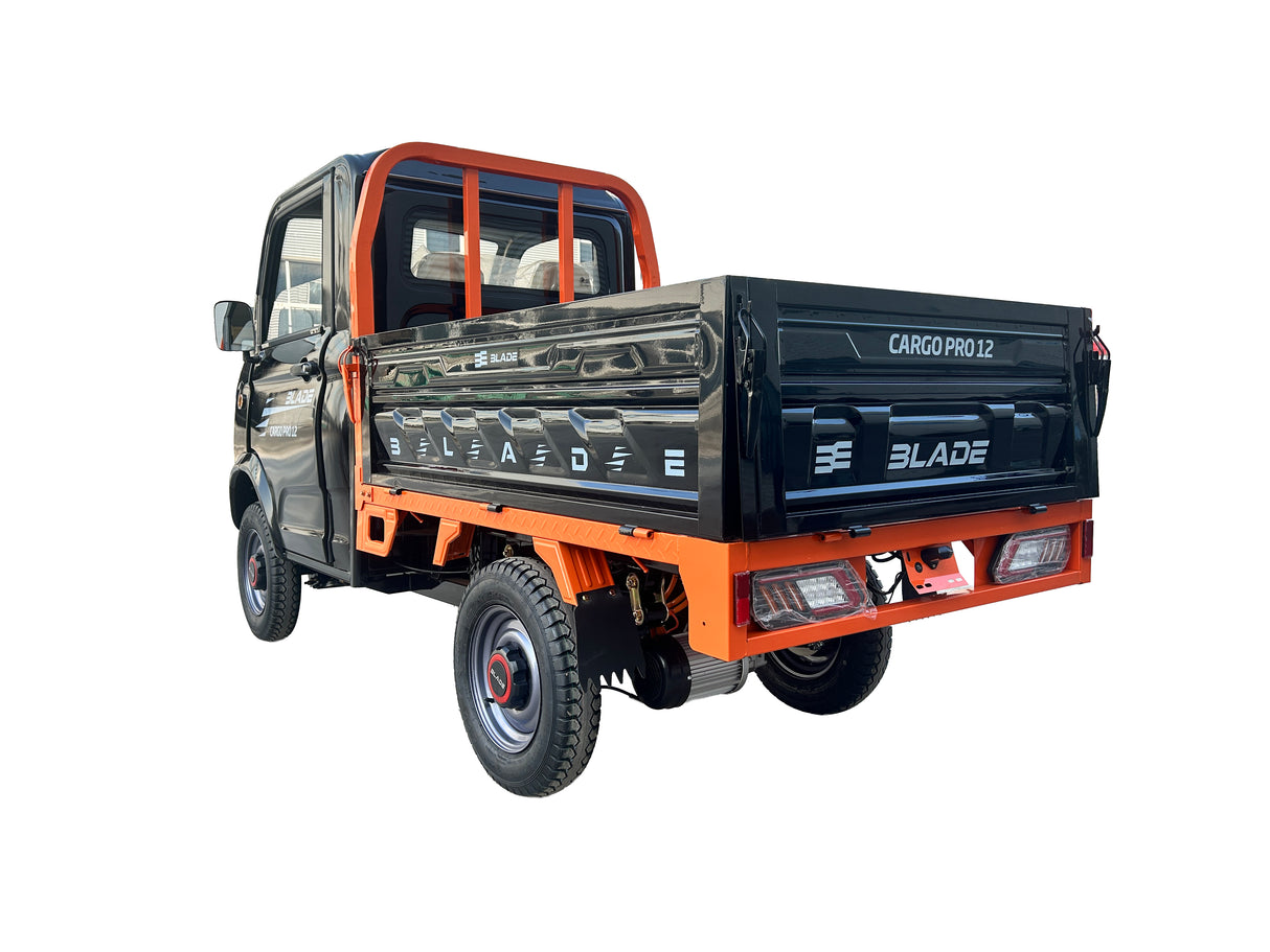 Masina Pickup Cargo electric fara permis BLADE - CARGO PRO 12, 3000W, 25 km/h, 72V 100Ah, 800 kg sarcina, autonomie 100 km, negru-portocaliu