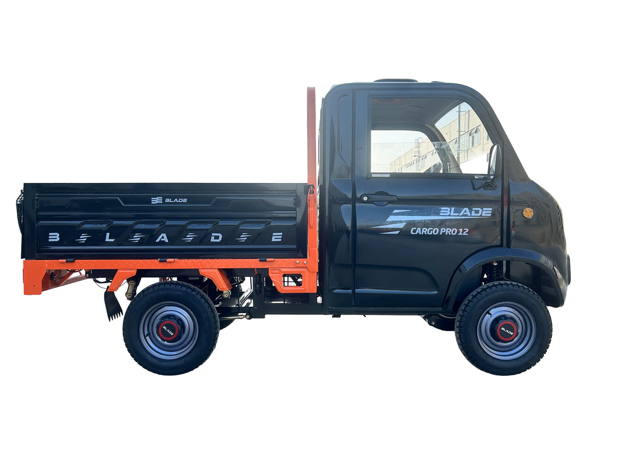 Masina Pickup Cargo electric fara permis BLADE - CARGO PRO 12, 3000W, 25 km/h, 72V 100Ah, 800 kg sarcina, autonomie 100 km, negru-portocaliu