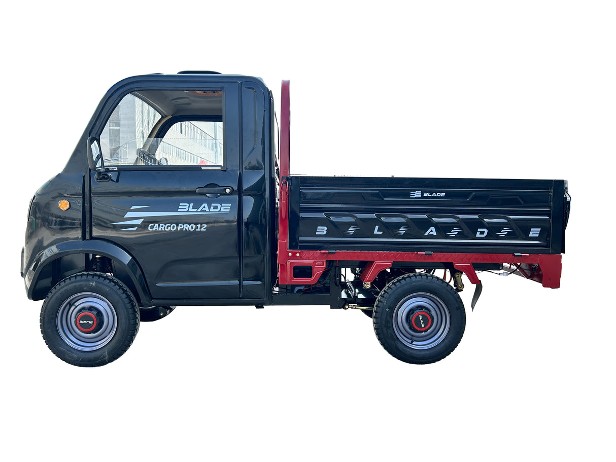 Masina Pickup Cargo electric fara permis BLADE - CARGO PRO 12, 3000W, 25 km/h, 72V 100Ah, 800 kg sarcina, autonomie 100 km, negru-rosu