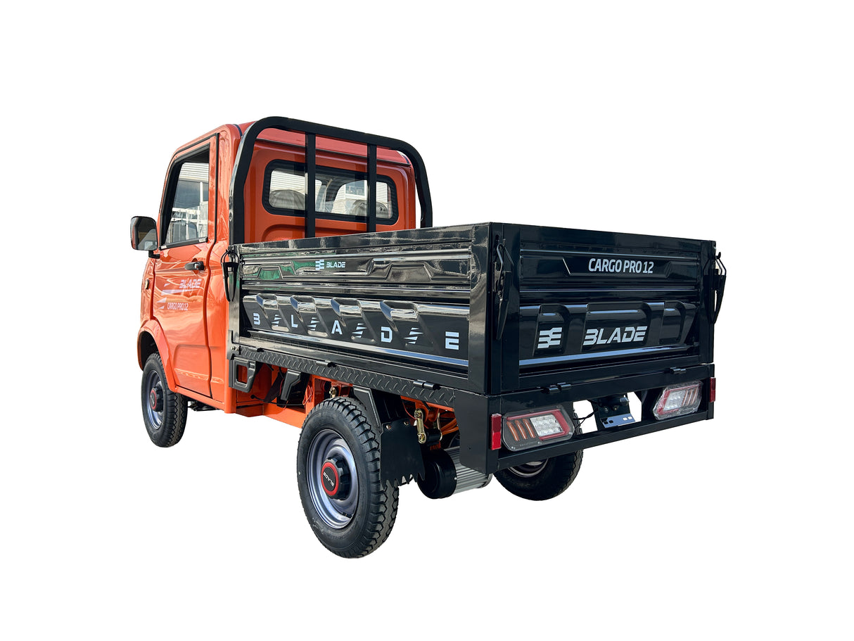 Masina Pickup Cargo electric fara permis BLADE - CARGO PRO 12, 3000W, 25 km/h, 72V 100Ah, 800 kg sarcina, autonomie 100 km, portocaliu-negru