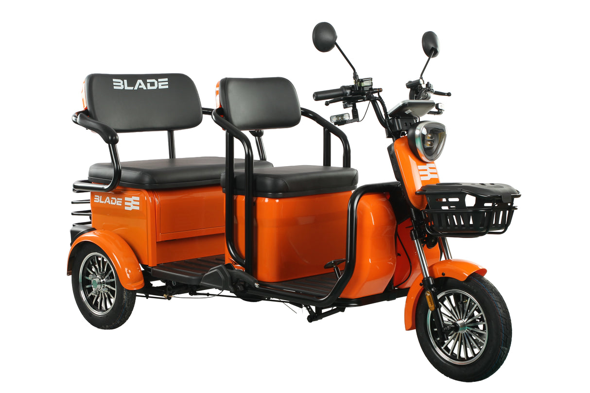 Triciclu electric Blade TRIP X2 2000 W, 25 km/h, autonomie pana la 70 km, baterie plumb- acid 72 V 20 Ah, greutate maxima 160 kg, Fara permis, negru-portocaliu
