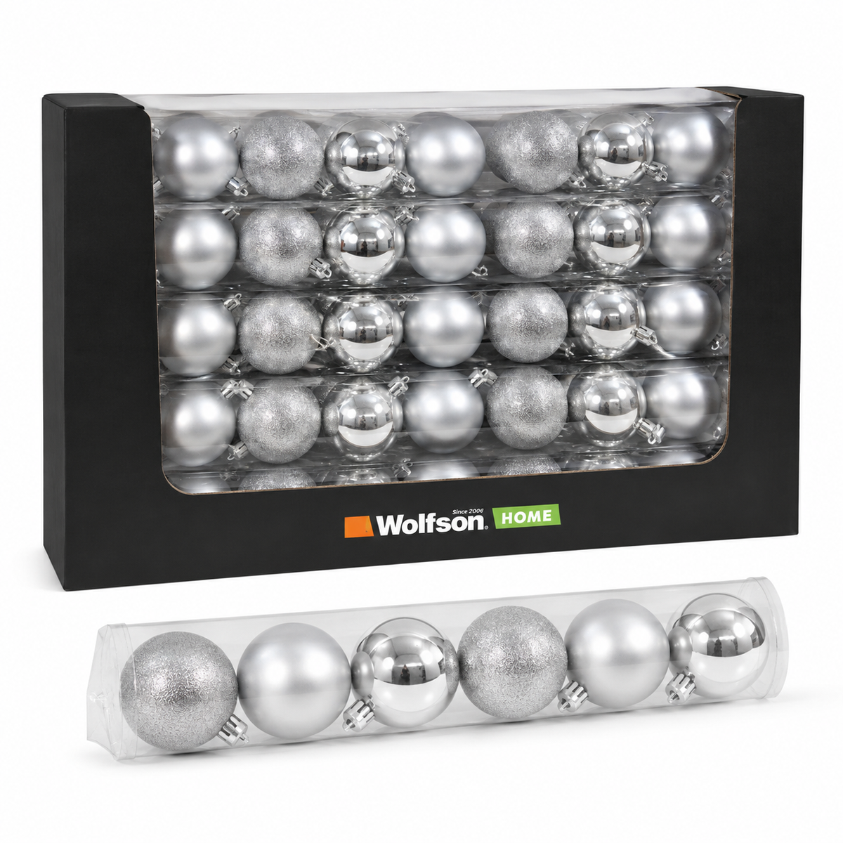 WOLFSON - SET GLOBURI DE CRACIUN, ARGINTIU FROSTED, Ø6CM, PLASTIC, SET 9 BUCATI