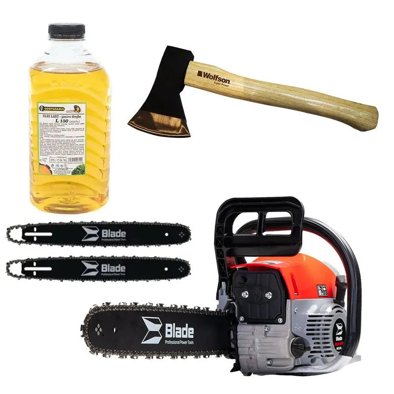 Drujba pe benzina BLADE Alpin 520 - 5CP, 2 lame si 2 lanturi + ulei ungere lant L150, toporisca Wolfson 600g