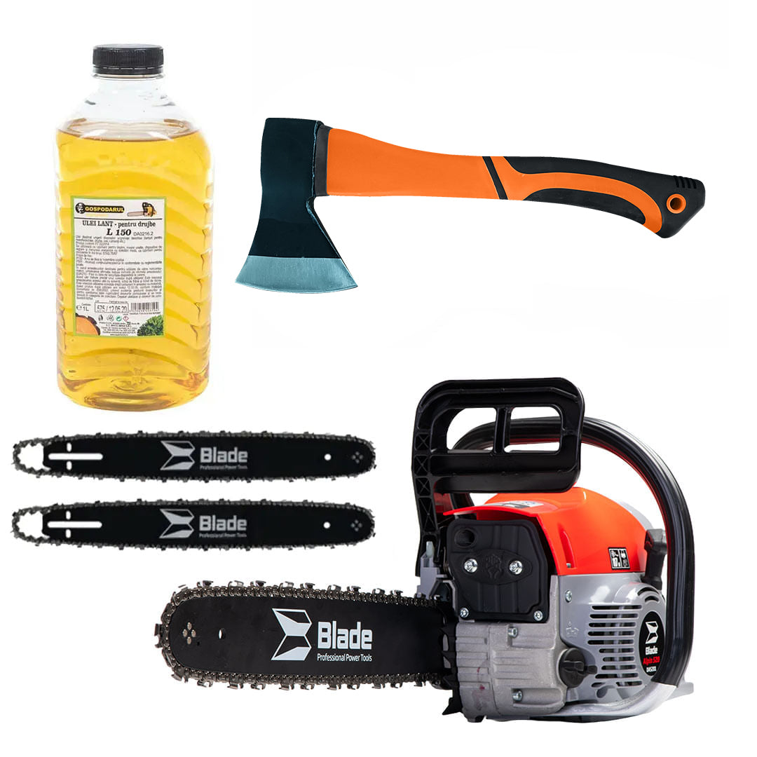 Drujba pe benzina BLADE Alpin 520 - 5CP, 2 lame si 2 lanturi + ulei ungere lant L150, toporisca fibra Wolfson