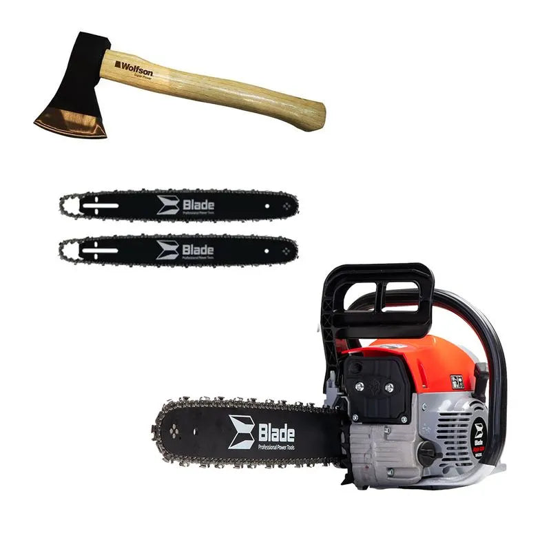 Drujba pe benzina BLADE Alpin 520 - 5CP, 2 lame si 2 lanturi + toporisca Wolfson 600g
