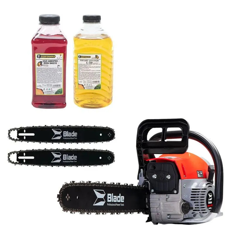 Drujba pe benzina BLADE Alpin 520 - 5CP, 2 lame si 2 lanturi + ulei ungere lant L150, ulei amestec 0.5L