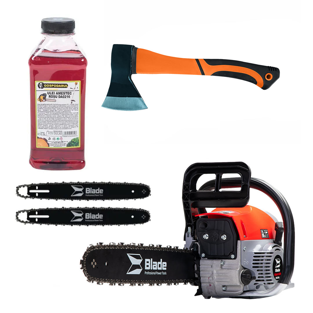 Drujba pe benzina BLADE Alpin 520 - 5CP, 2 lame si 2 lanturi + ulei amestec 0.5L, toporisca fibra Wolfson