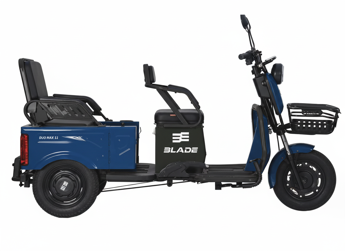 Triciclu electric BLADE DUO MAX 11, 1200W, 60V 20Ah, 25 km/h, fara permis, autonomie 50 km, 3+1 viteze, albastru-negru