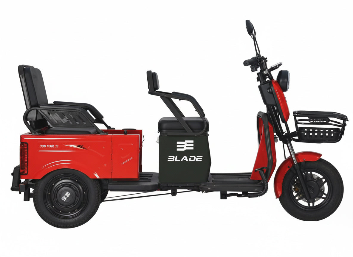 Triciclu electric BLADE DUO MAX 11, 1200W, 60V 20Ah, 25 km/h, fara permis, autonomie 50 km, 3+1 viteze, rosu-negru