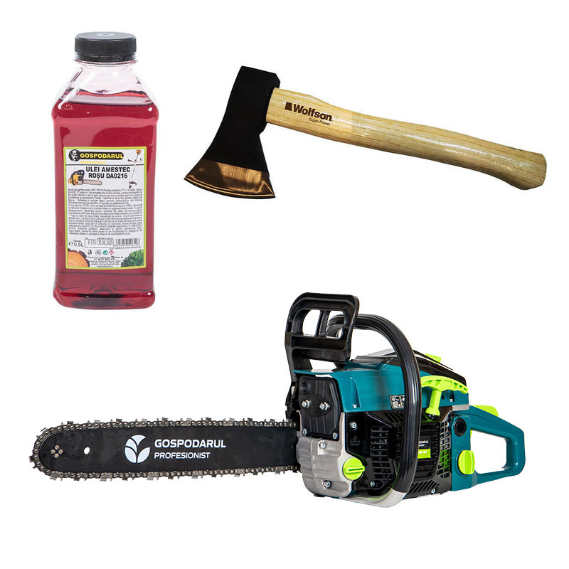 Drujba pe benzina Gospodarul Profesionist GP-5200 - 5 CP, 52cc + ulei amestec 0.5L si toporisca Wolfson 600g