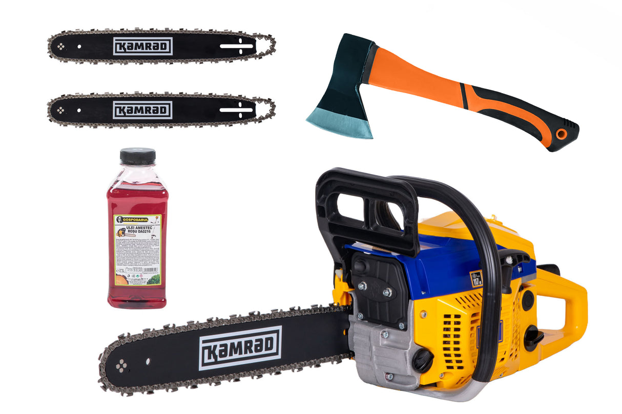 Drujba pe benzina Kamrad KR-52, 5.8CP, 52cc, 2 lame 2 lanturi + ulei amestec 0.5L si toporisca fibra Wolfson