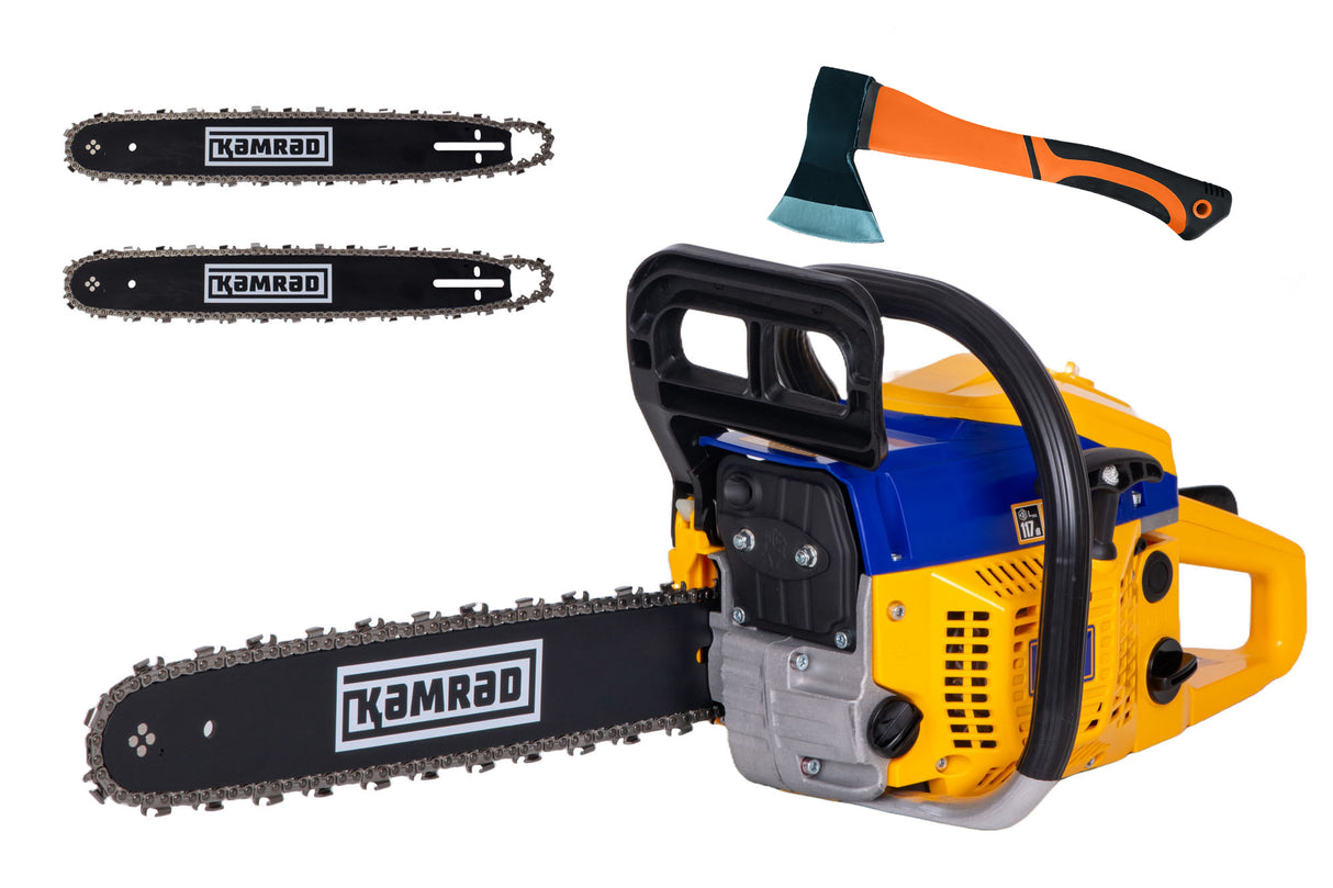 Drujba pe benzina Kamrad KR-52, 5.8CP, 52cc, 2 lame 2 lanturi + toporisca fibra Wolfson