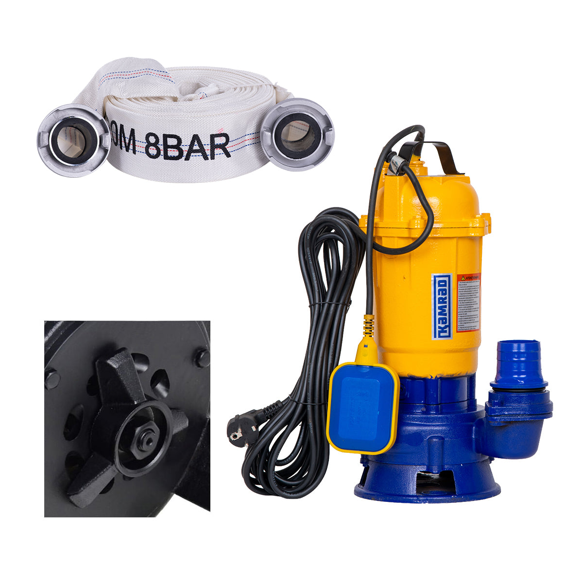Pompa submersibila de apa murdara cu tocator Kamrad WQCD-K3300, 1300W, 25000 l/h, adancime 8m + furtun pompieri 2" 20 m