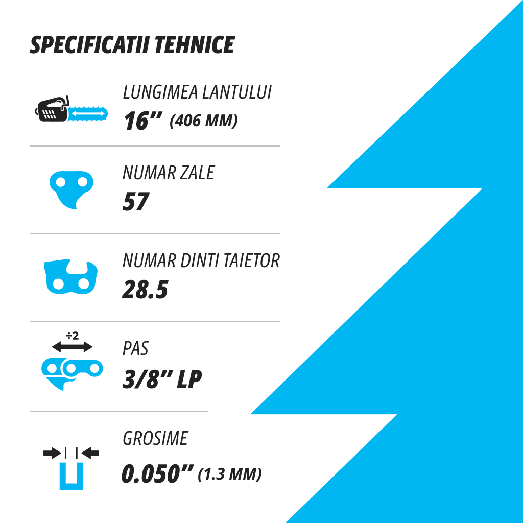Set 3 lanturi pentru drujba Kuza, lungime 16", pas 3/8" LP, grosime 050"-1.3 mm, 57 Zale, 3 lanturi/pachet