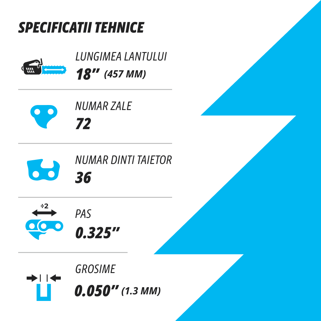 Set 3 lanturi pentru drujba Kuza, lungime 18", pas 0.325", compatibil cu drujbe China, grosime 050"-1.3 mm, 72 Zale, 3 lanturi/pachet