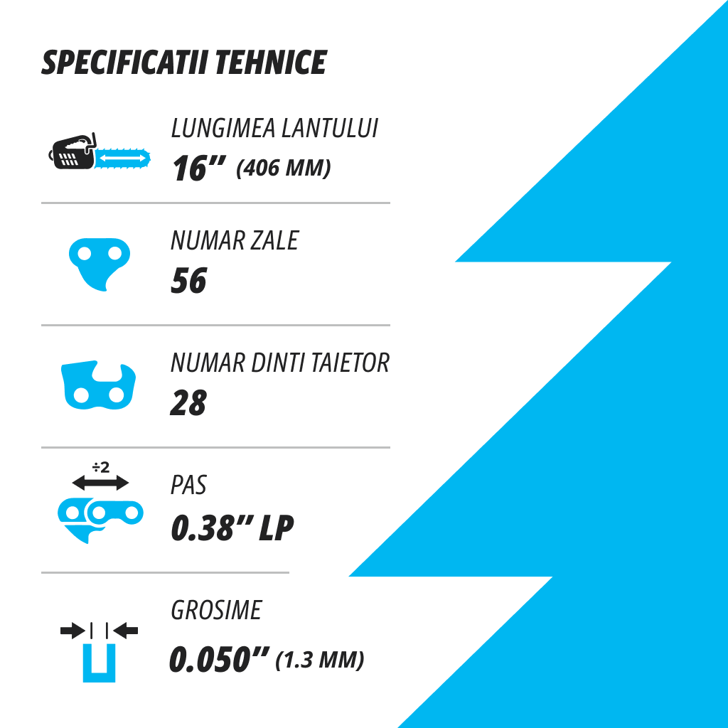 Lant pentru drujba Kuza, lungime 16", pas 3/8" LP, grosime 050"-1.3 mm, 56 Zale, 1 lant/pachet