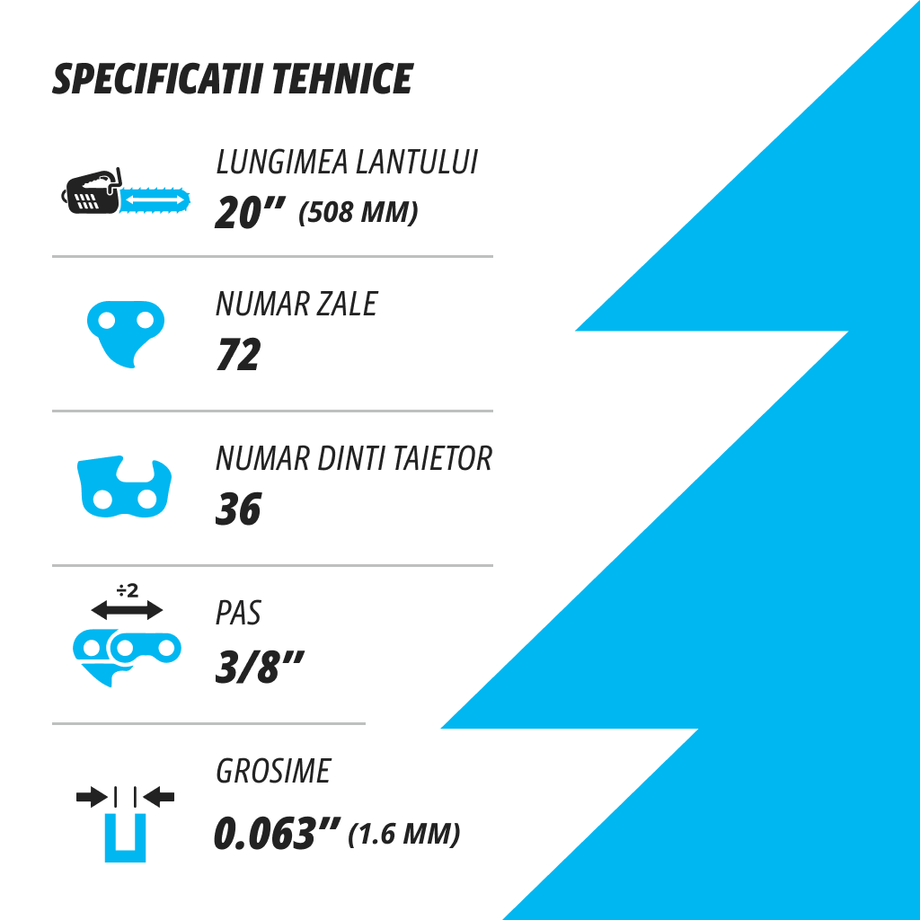 Lant pentru drujba Kuza, lungime 20", pas 3/8" Pitch, grosime 063"-1.6 mm, 72 Zale, 1 lant/pachet