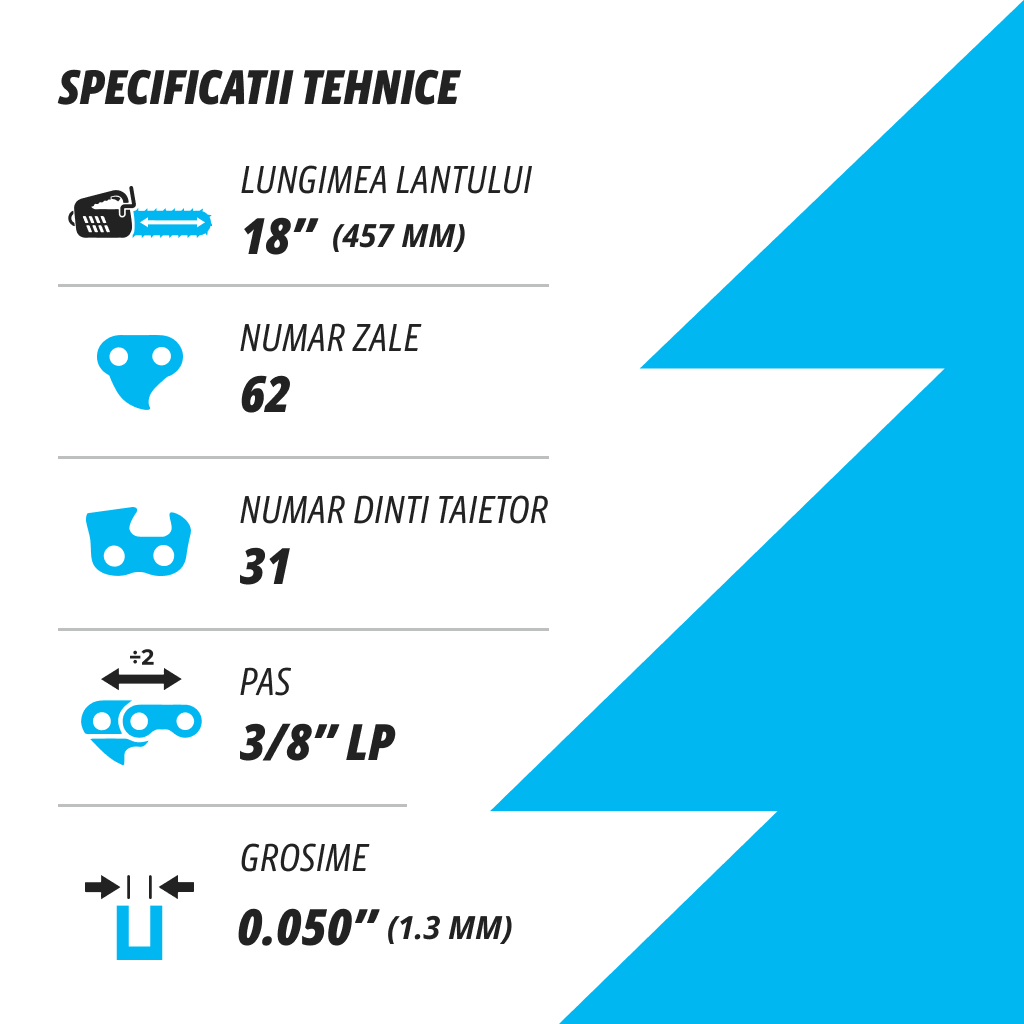 Lant pentru drujba Kuza, lungime 18", pas 3/8" LP, grosime 050"-1.3 mm, 62 Zale, 1 lant/pachet