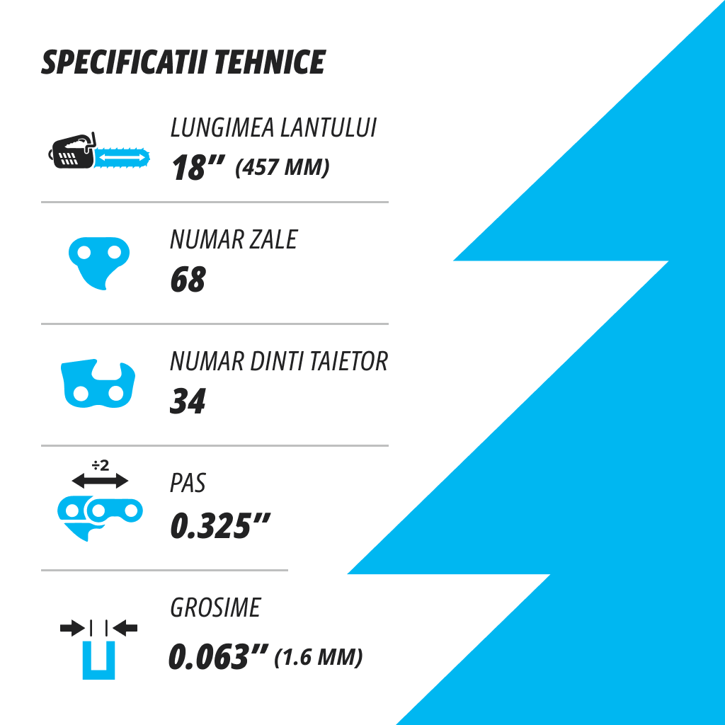 Lant pentru drujba Kuza, lungime 18", pas 0.325" , grosime 063"-1.6 mm, 68 Zale, 1 lant/pachet