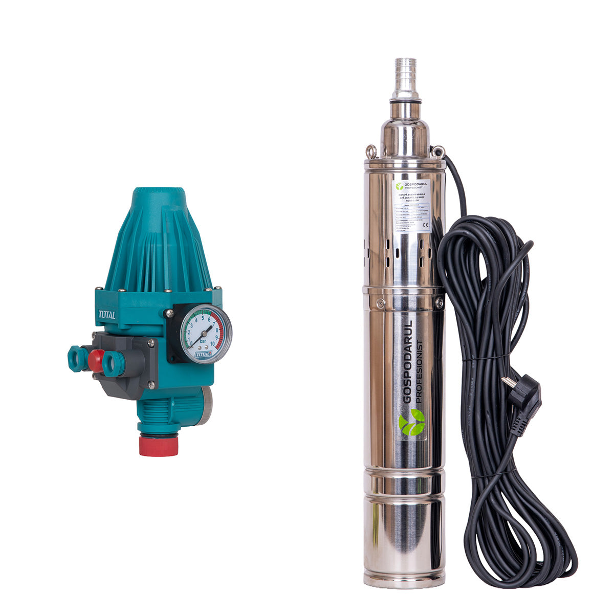Pompa submersibila pentru apa curata cu snec Gospodarul Profesionist 4QGD 1100W, 1800 l/h, cablu 15m + Presostat TOTAL