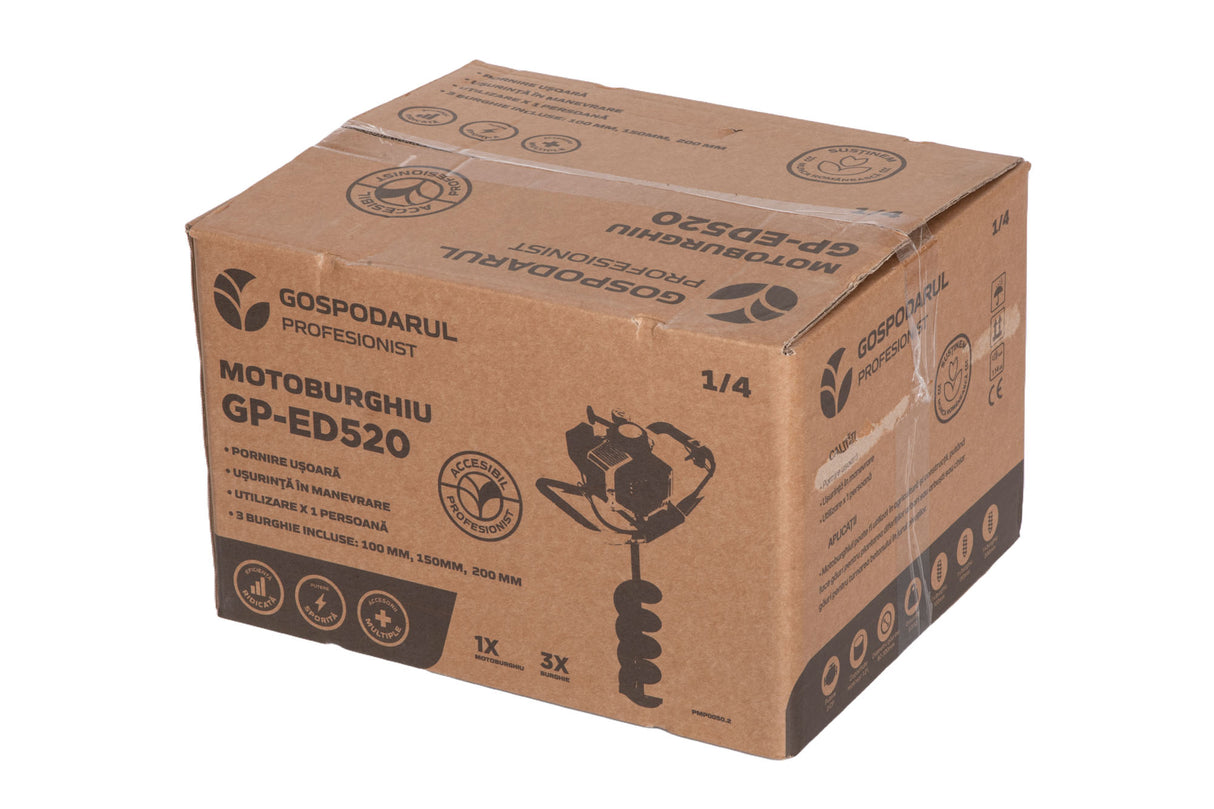 Motoburghiu foreza de pamant Gospodarul Profesionist ED520 - 3 CP, 3 burghie incluse (100,150,200mm) + 3 sticle ulei 0.5l