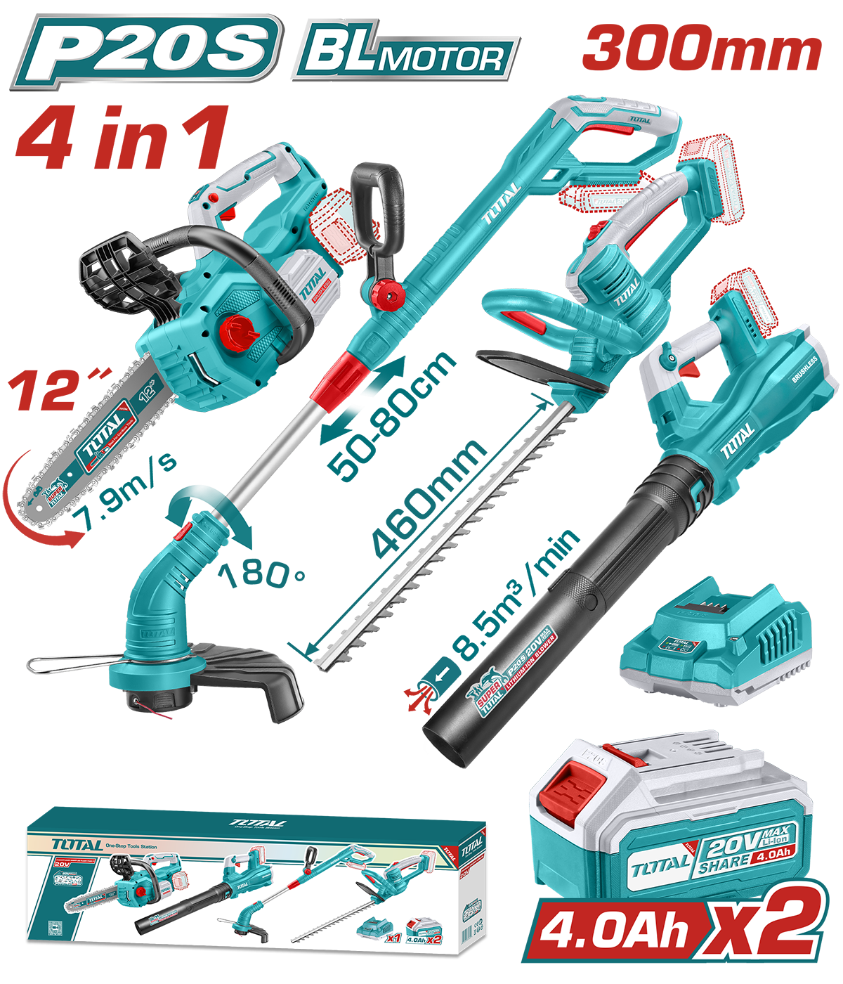 Kit Combo gradinarit TOTAL 20V – drujba, trimmer gard viu, suflanta, trimmer iarba, 2 baterii 4.0Ah, incarcator
