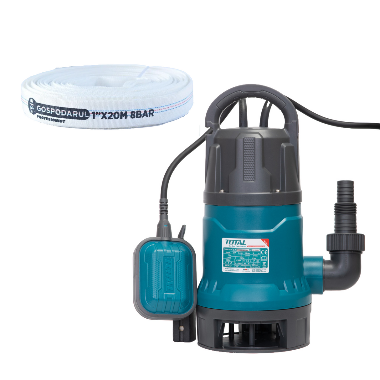 Pompa submersibila apa murdara TOTAL, 750W, cablu 9m, adancime de absorbtie 7m, 1" + furtun 20m