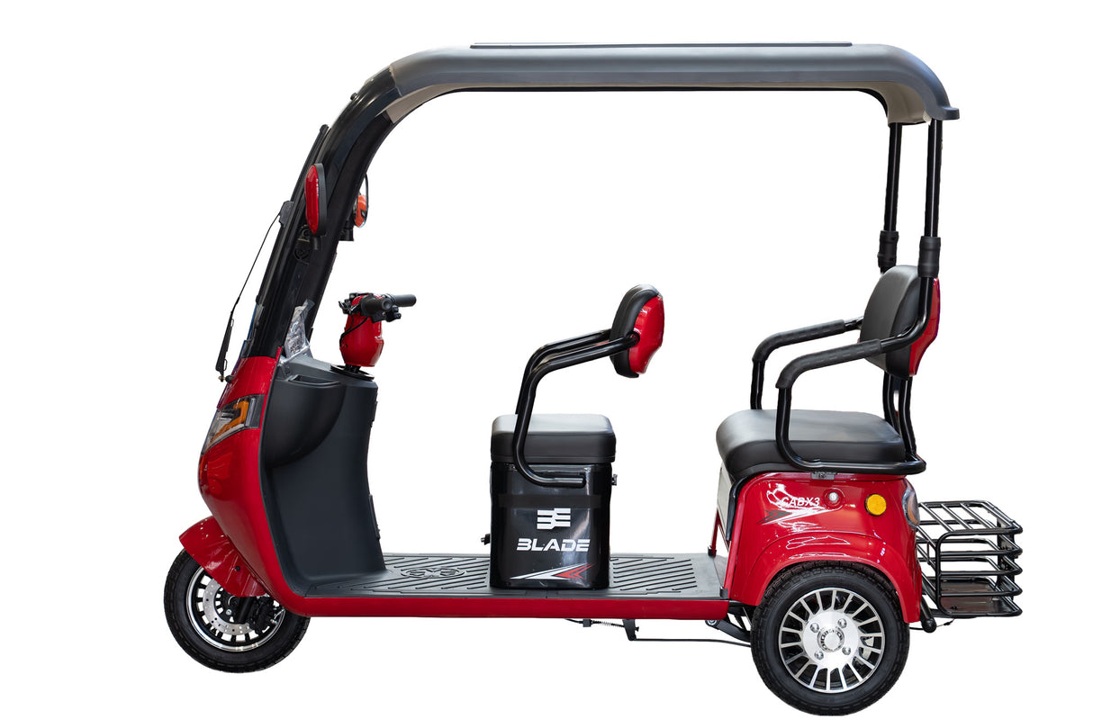 Triciclu electric pentru 2 persoane BLADE CAB X3, 1200W, 25 km/h, autonomie pana la 70 km, baterie 72V 20Ah, cu acoperis, Rosu/Negru