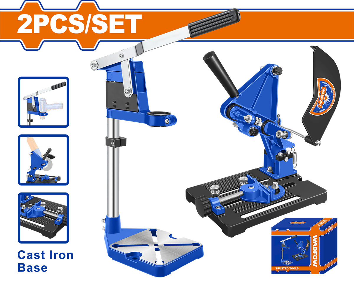 Set WADFOW 2 buc. – stand pentru polizor unghiular 100–125 mm si stand pentru bormasina, aluminiu + baza fonta