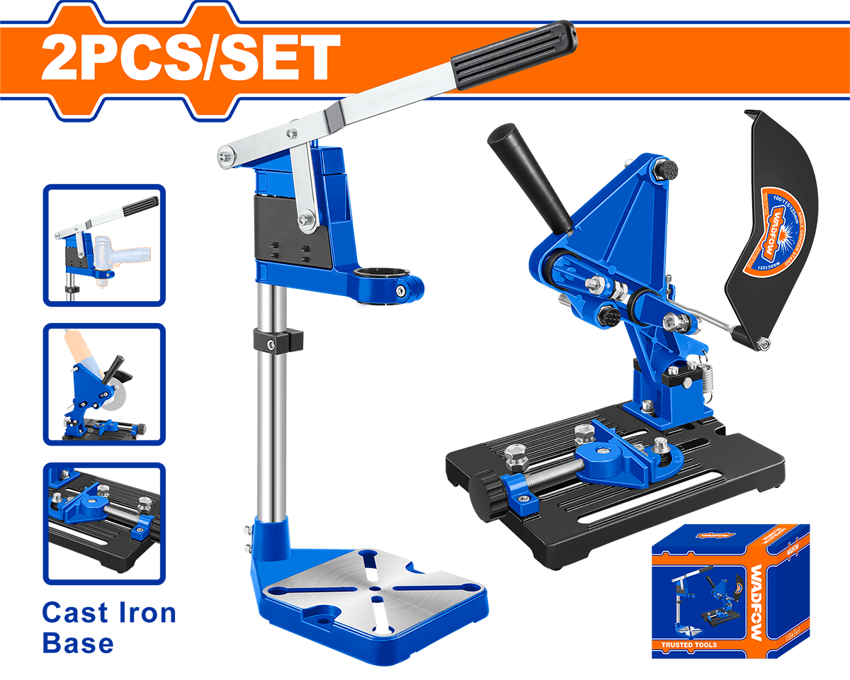 Set WADFOW 2 buc. – stand pentru polizor unghiular 100–125 mm si stand pentru bormasina, aluminiu + baza fonta