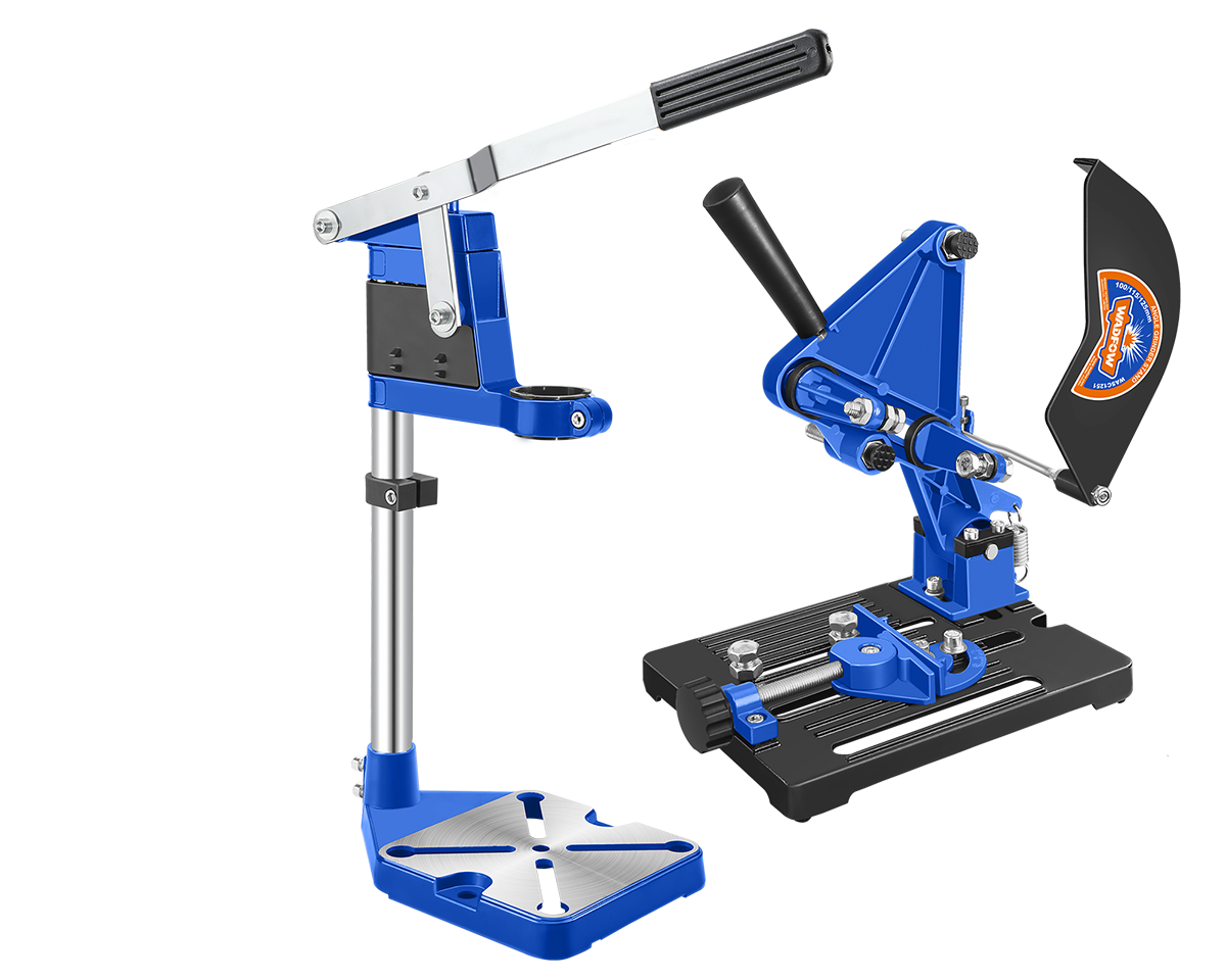 Set WADFOW 2 buc. – stand pentru polizor unghiular 100–125 mm si stand pentru bormasina, aluminiu + baza fonta