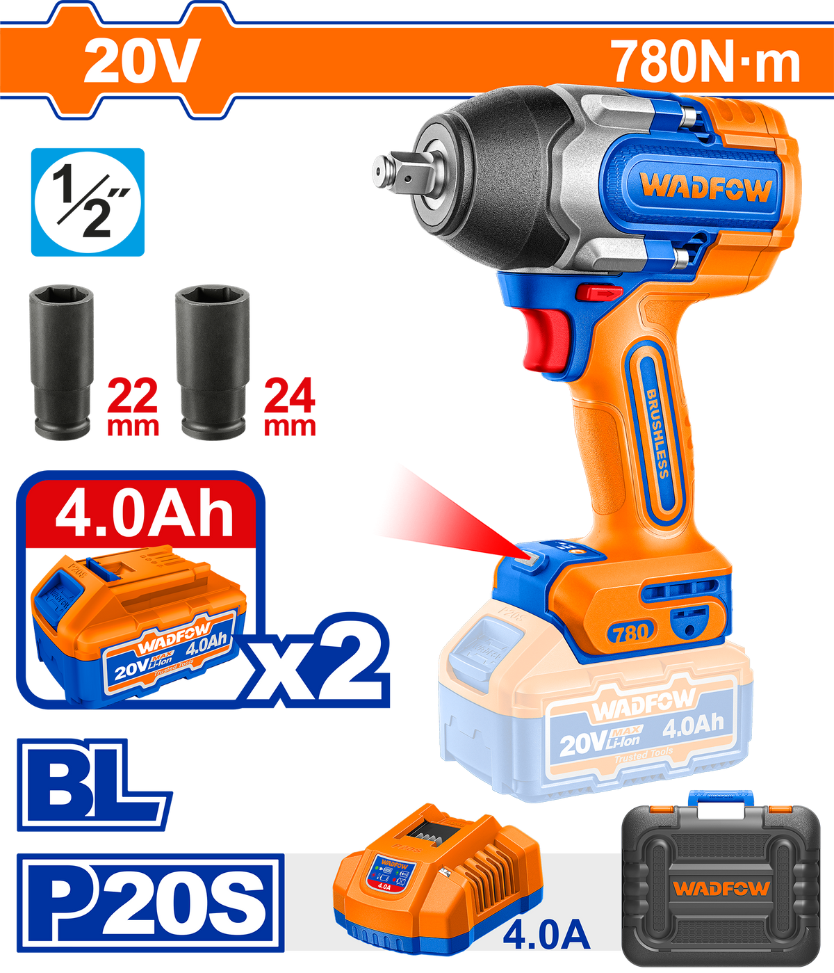 Masina de insurubat cu impact WADFOW 20V, 1/2", 780 Nm, motor fara perii, 3 trepte de viteza, 2 acumulatori 4.0Ah, incarcator