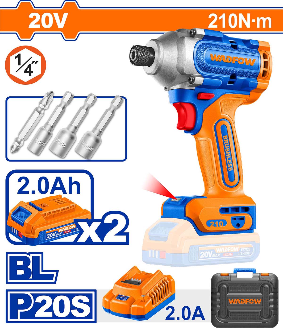 Masina de insurubat cu impact WADFOW 20V, 1/4" Hex – motor fara perii, 210 Nm, 2 baterii 2.0Ah + incarcator